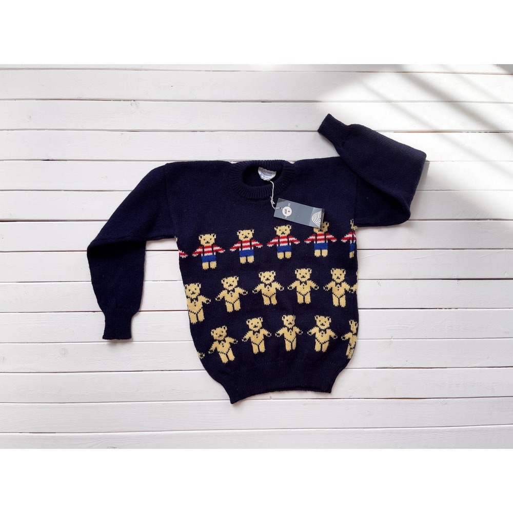 Chrissy Norman vtg childs navy blue wool teddy bear‎ sweater